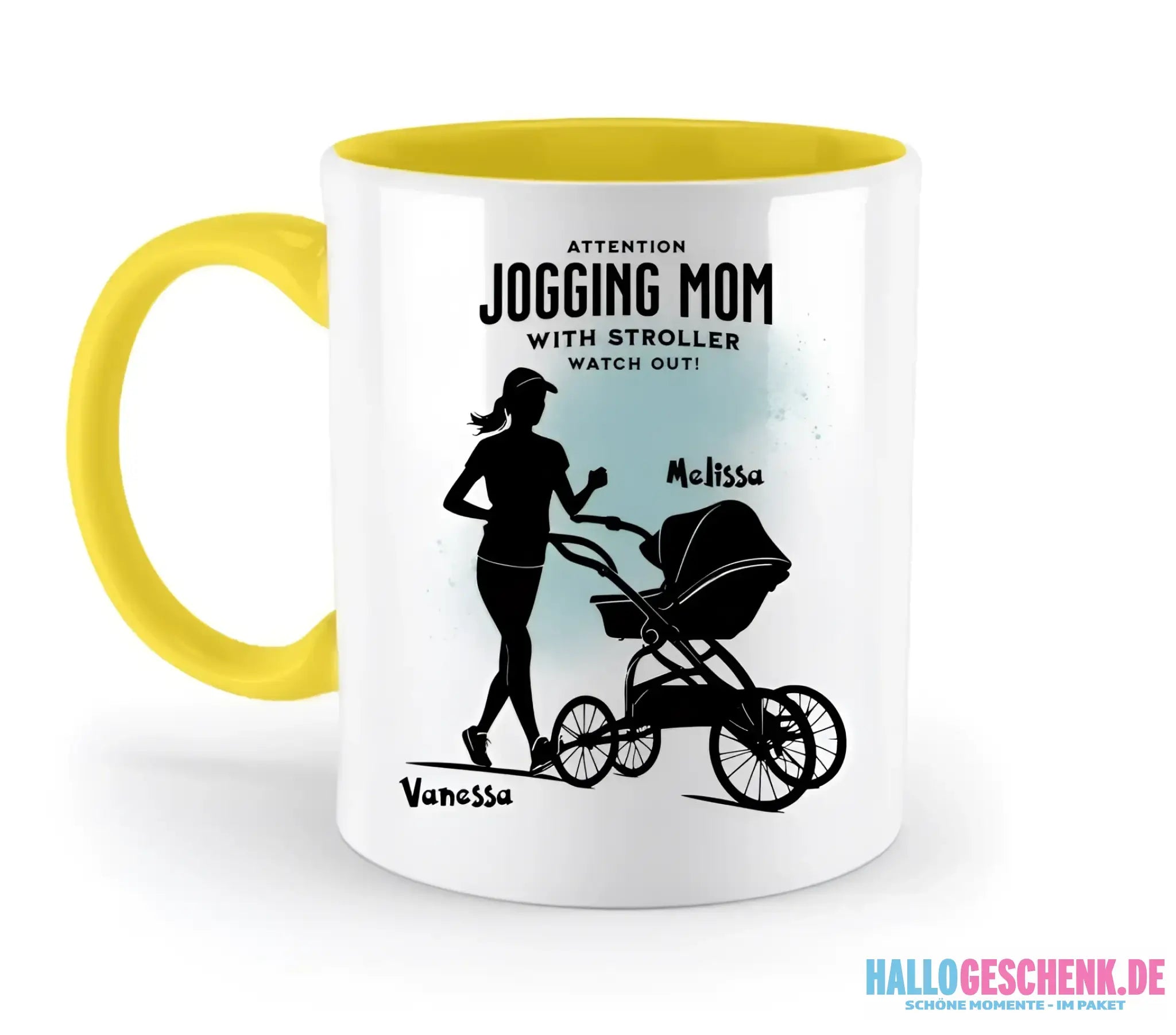 Jogging Mom mit Kinderwagen • Mama + Text • Wunschnamen • zweifarbige Tasse (spülmaschinengeeignet) • Exklusivdesign