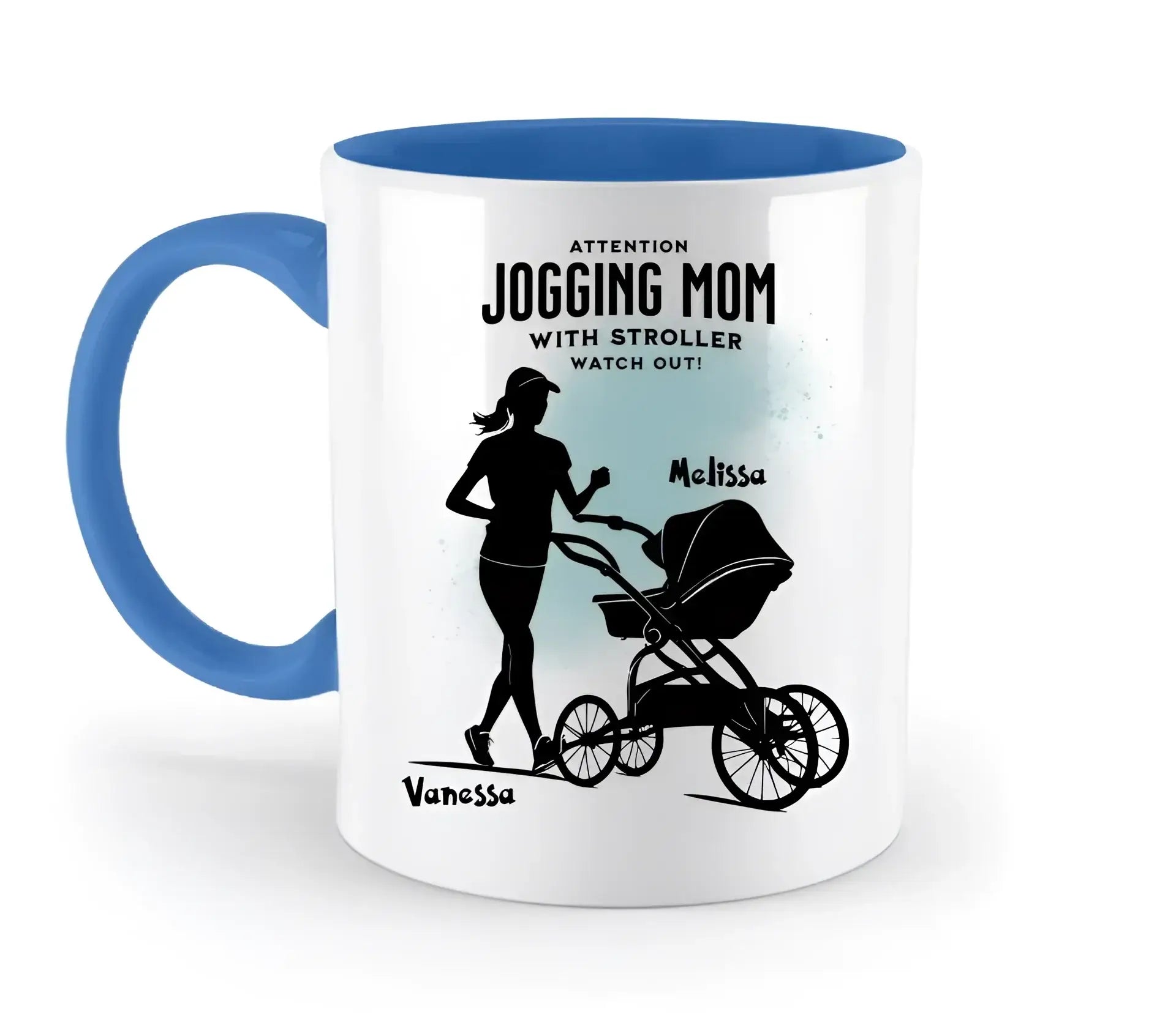 Jogging Mom mit Kinderwagen • Mama + Text • Wunschnamen • zweifarbige Tasse (spülmaschinengeeignet) • Exklusivdesign