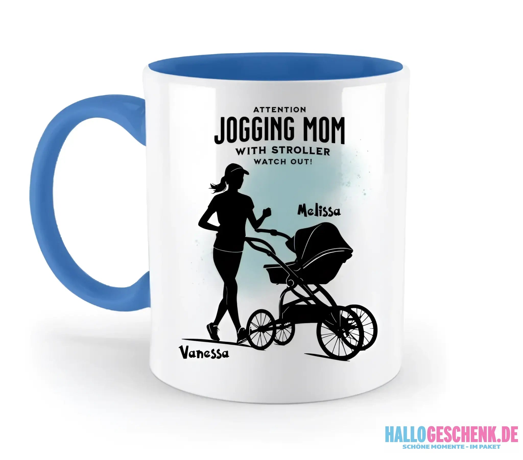Jogging Mom mit Kinderwagen • Mama + Text • Wunschnamen • zweifarbige Tasse (spülmaschinengeeignet) • Exklusivdesign