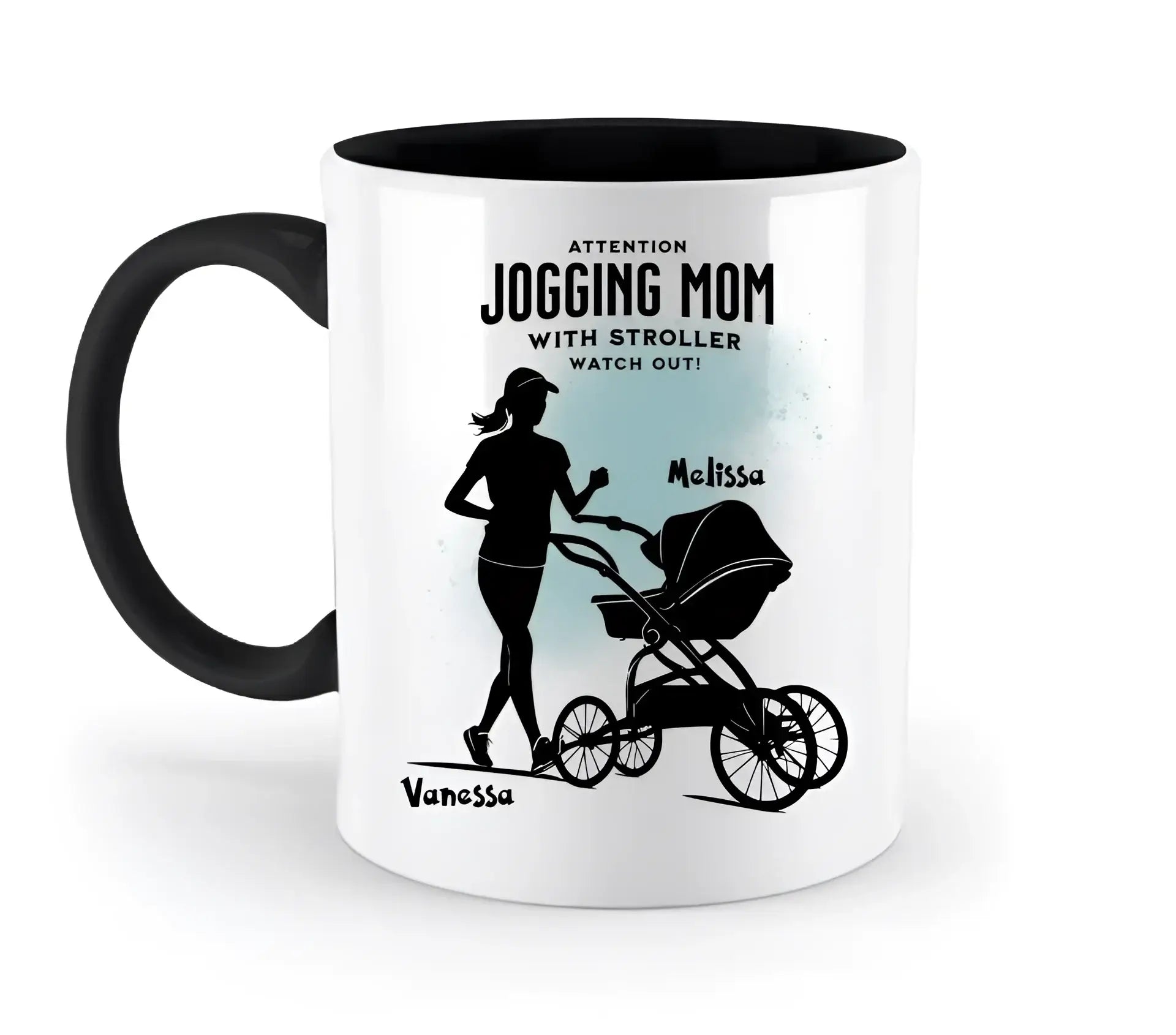 Jogging Mom mit Kinderwagen • Mama + Text • Wunschnamen • zweifarbige Tasse (spülmaschinengeeignet) • Exklusivdesign