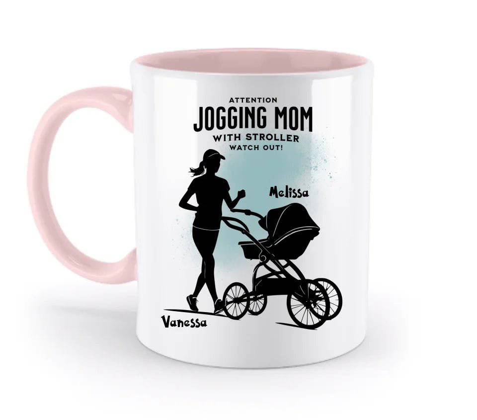 Jogging Mom mit Kinderwagen • Mama + Text • Wunschnamen • zweifarbige Tasse spülmaschinengeeignet • Exklusivdesign • personalisiert