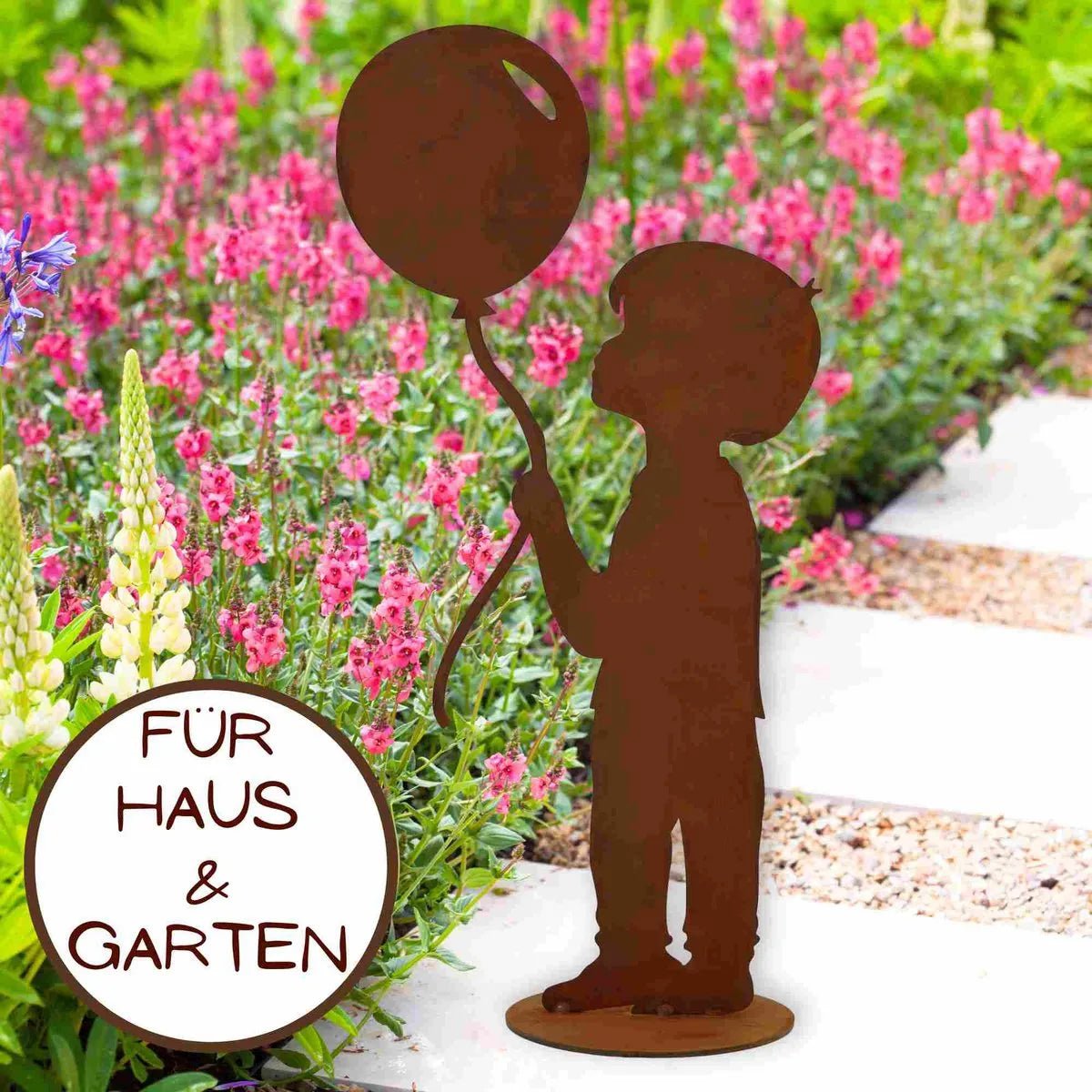 Junge mit Luftballon | Edelrost Gartendeko Figur von HalloGeschenk.de