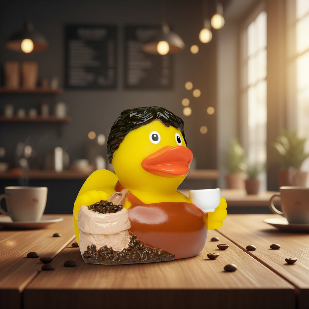 Gelbe quietsche-ente mit schwarzen haaren in braunen overalls hält weiße tasse neben kaffeebohnensack