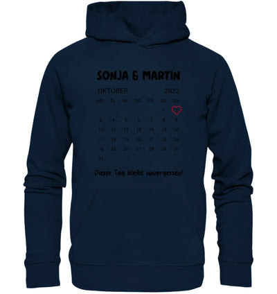 Marine blaue hoodie mit oktober 2022 kalender, namen sonja & martin und spruch dieser tag bleibt unvergesslich in schwarz und rosa herz