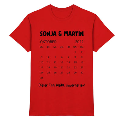 Rotes baumwoll t shirt mit schwarzem oktober 2022 kalender und sonja und martin text plus deutscher spruch
