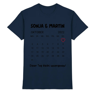 Navyblaues baumwollshirt mit schwarzem oktober 2022 kalenderdruck sonja und martin und unvergesslicher datum highlight