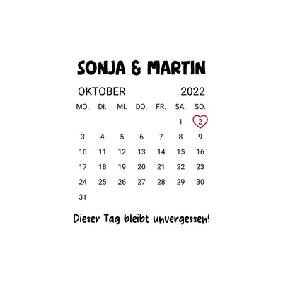 Kalender mit wunschdatum oktober 2022 schwarzweiß mit sonja und martin und rosa herz auf dem 2er datum