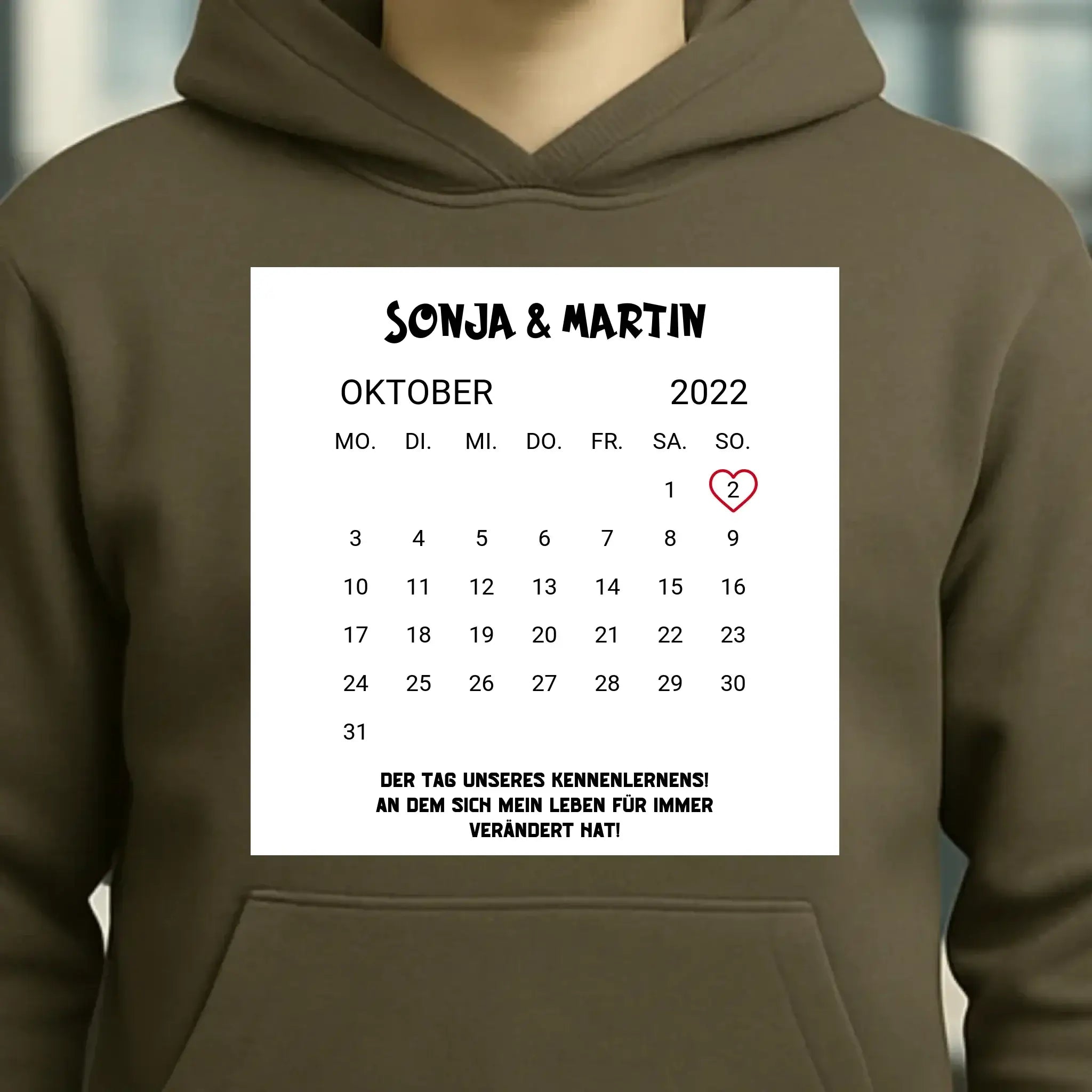 KALENDER-MOTIV mit Datum & Wunschtext • Unisex Hoodie für Damen & Herren • Bio • personalisiert