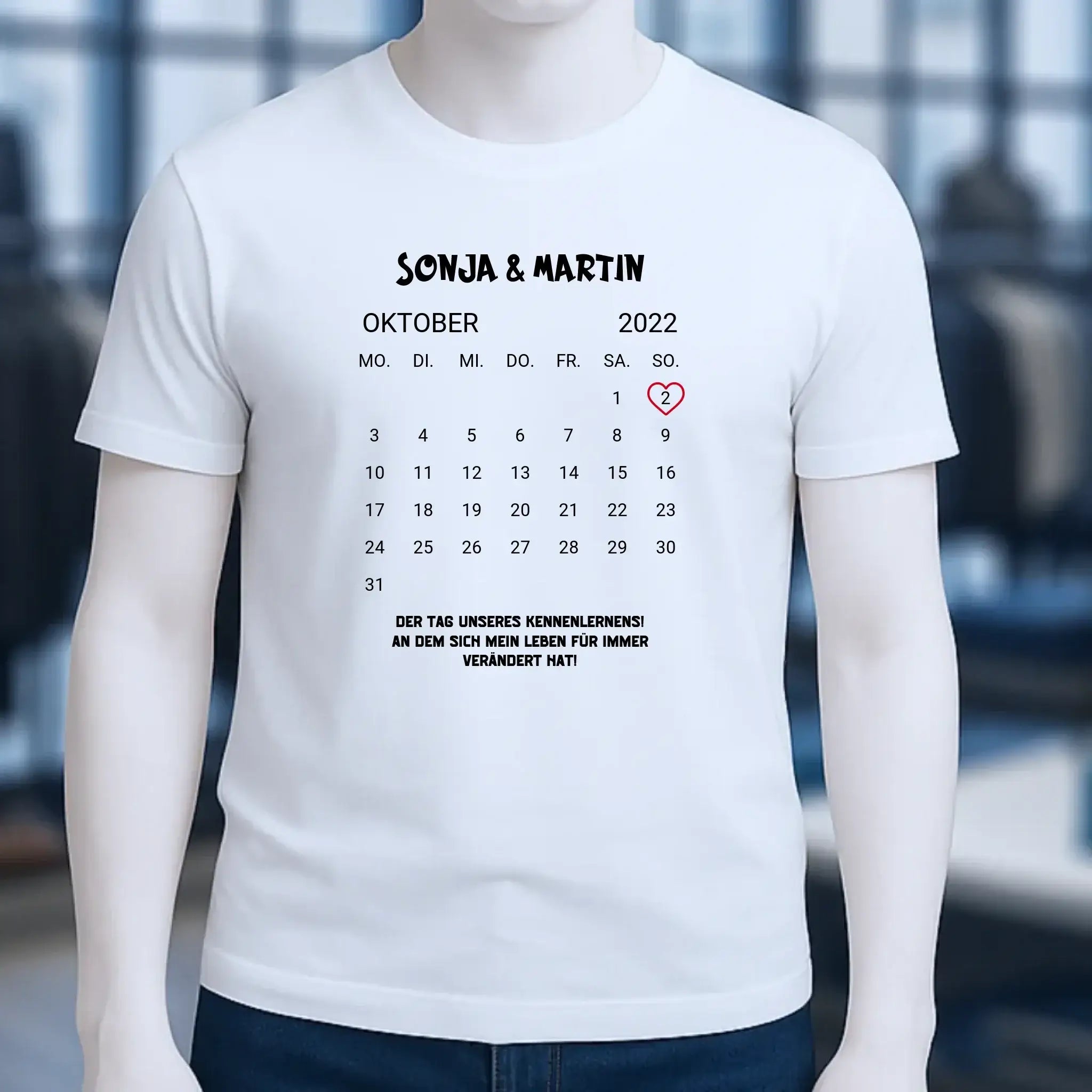 KALENDER-MOTIV mit Datum & Wunschtext • Unisex T-Shirt für Damen & Herren • Bio • personalisiert
