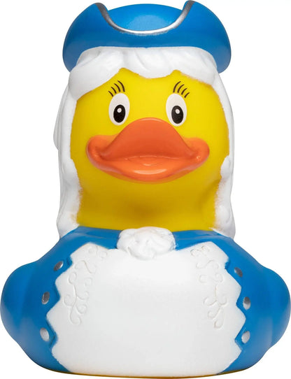 Blaue und weiße gummiente mit krone und cape als funkenmariechen für karneval und fasching