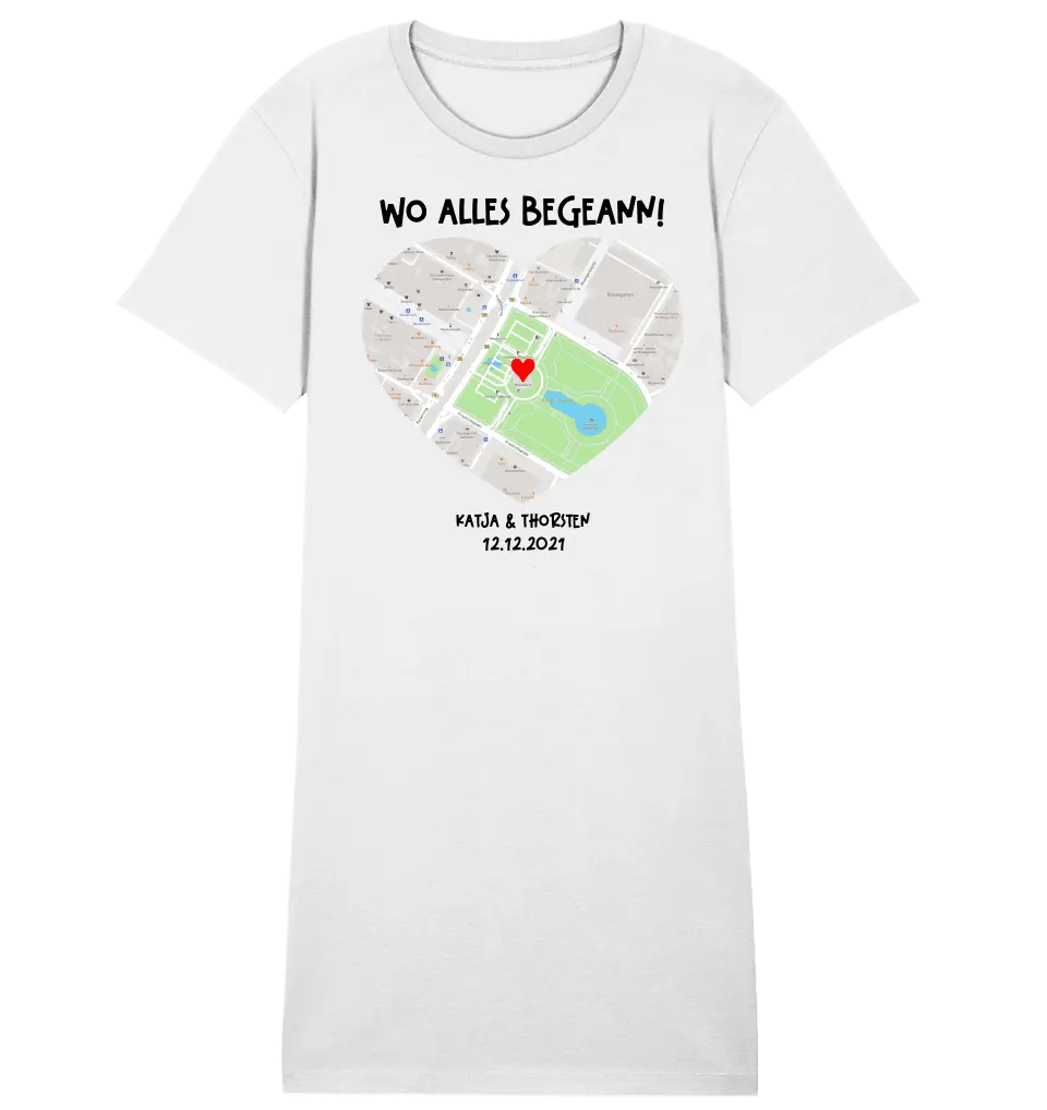 Karten - Generator mit echtem Ort und deinem Text • Karte • Maps • Ladies Premium T-Shirt Kleid aus Bio - Baumwolle S - 2XL • Exklusivdesign • personalisiert von HalloGeschenk.de