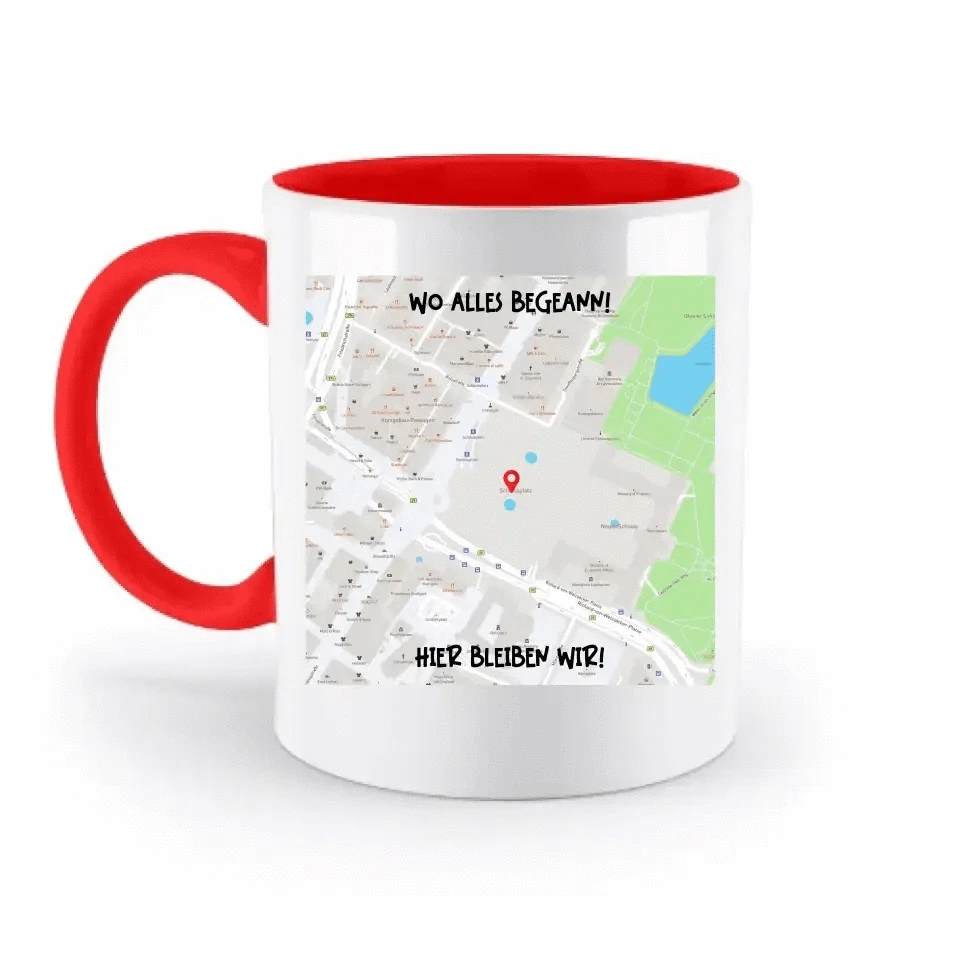 Karten-Generator Quadrat mit echtem Ort und deinem Text • zweifarbige Tasse • Exklusivdesign • personalisiert