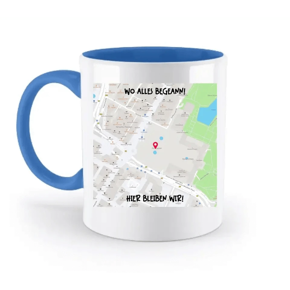 Karten-Generator Quadrat mit echtem Ort und deinem Text • zweifarbige Tasse • Exklusivdesign • personalisiert