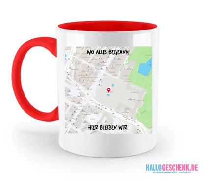 Karten-Generator Quadrat mit echtem Ort und deinem Text • zweifarbige Tasse • Exklusivdesign • personalisiert