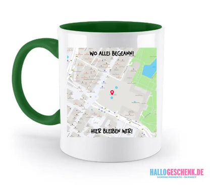 Karten-Generator Quadrat mit echtem Ort und deinem Text • zweifarbige Tasse • Exklusivdesign • personalisiert