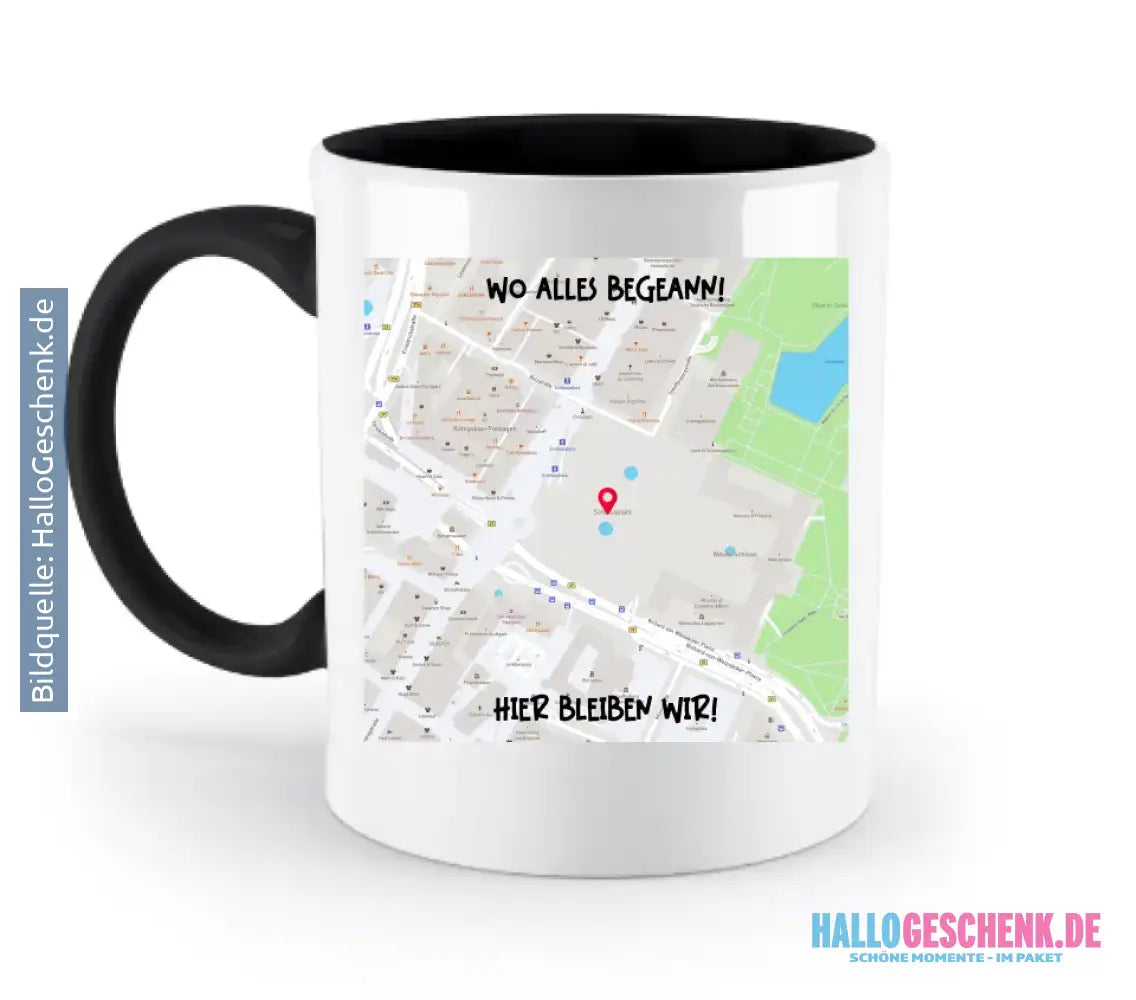 Karten-Generator Quadrat mit echtem Ort und deinem Text • zweifarbige Tasse • Exklusivdesign • personalisiert