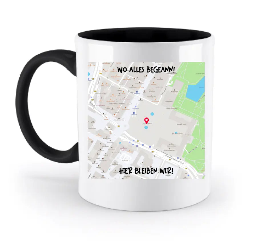 Karten-Generator Quadrat mit echtem Ort und deinem Text • zweifarbige Tasse  • Exklusivdesign • personalisiert