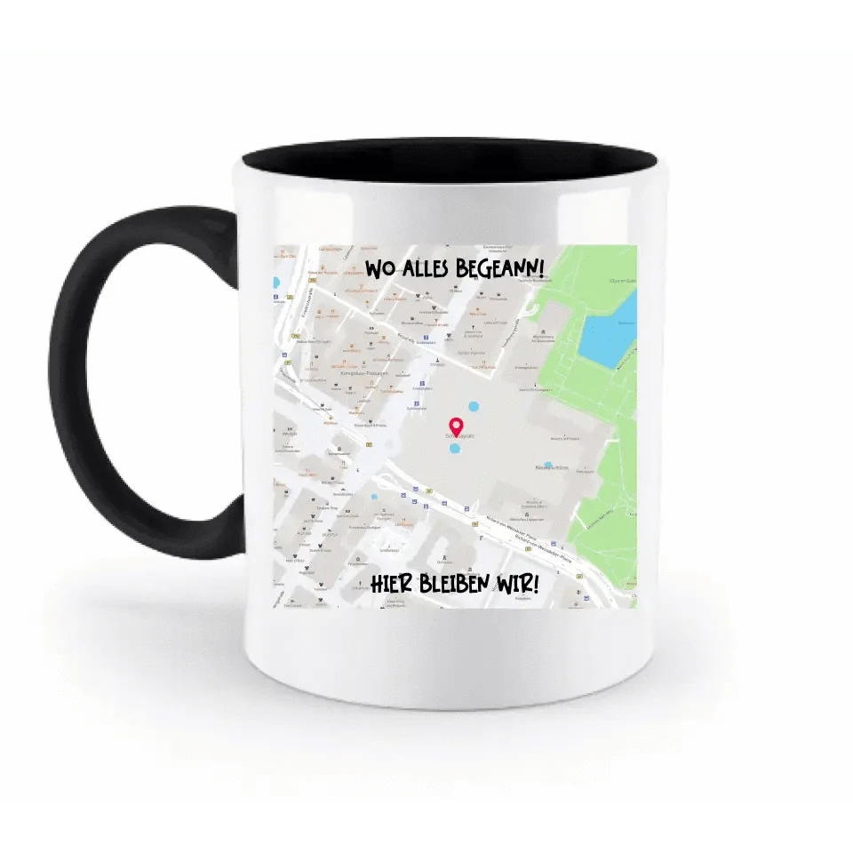 Karten-Generator Quadrat mit echtem Ort und deinem Text • zweifarbige Tasse • Exklusivdesign • personalisiert