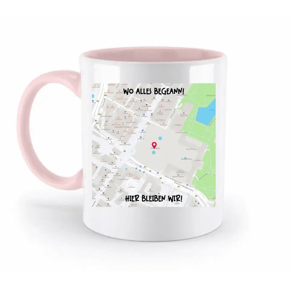 Karten-Generator Quadrat mit echtem Ort und deinem Text • zweifarbige Tasse • Exklusivdesign • personalisiert