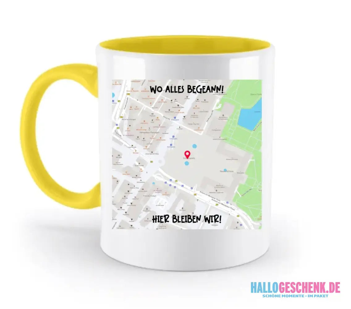 Karten-Generator Quadrat mit echtem Ort und deinem Text • zweifarbige Tasse • Exklusivdesign • personalisiert