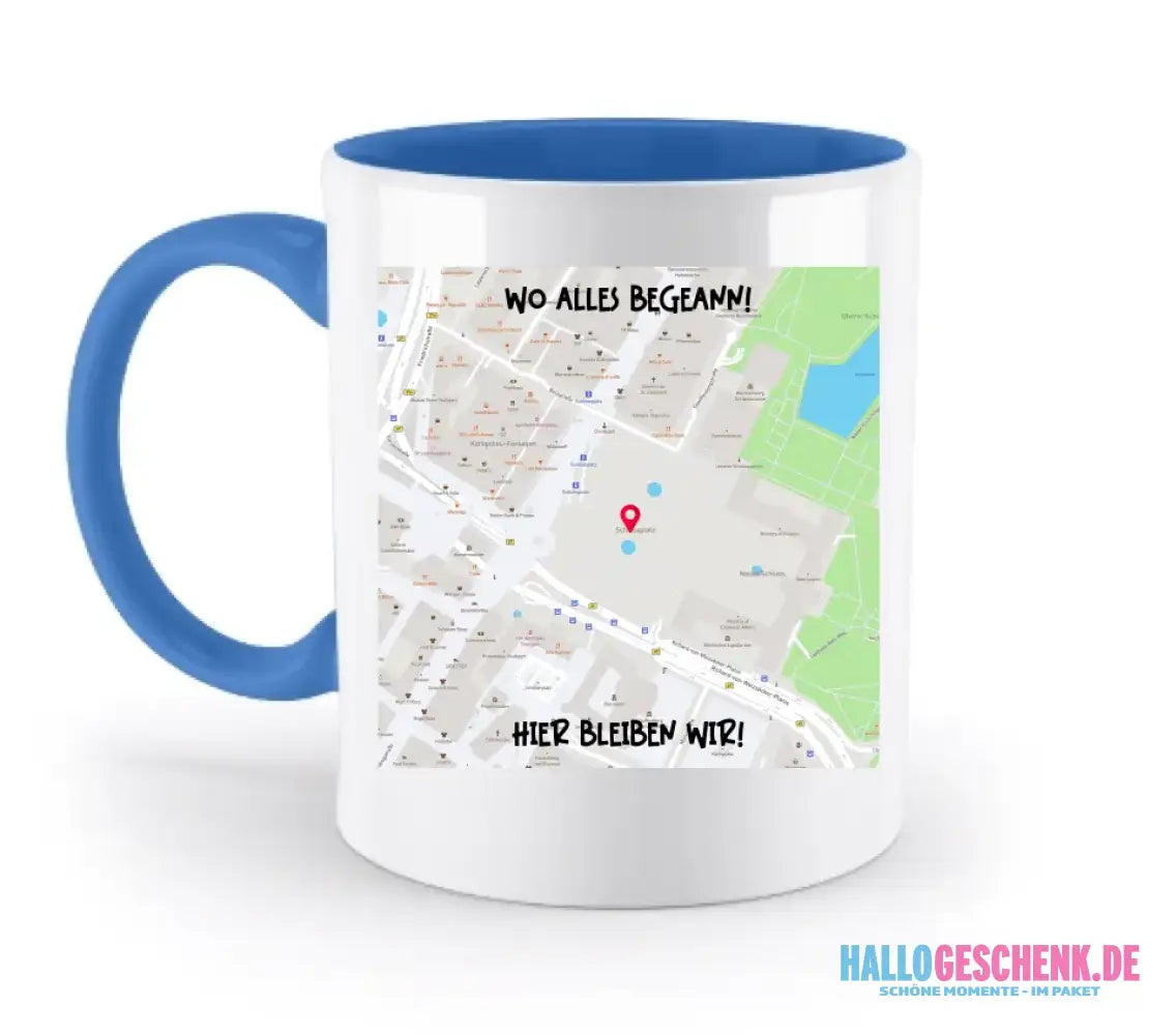 Karten-Generator Quadrat mit echtem Ort und deinem Text • zweifarbige Tasse • Exklusivdesign • personalisiert