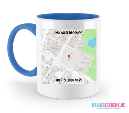 Karten-Generator Quadrat mit echtem Ort und deinem Text • zweifarbige Tasse • Exklusivdesign • personalisiert