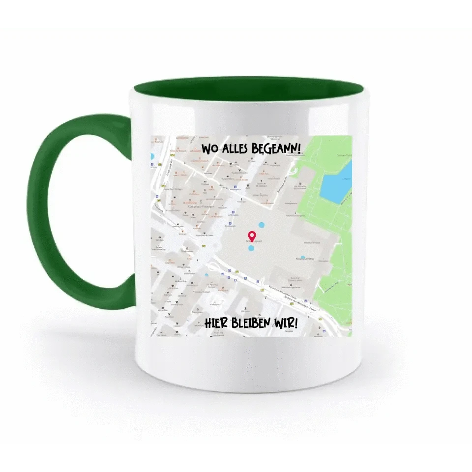 Karten-Generator Quadrat mit echtem Ort und deinem Text • zweifarbige Tasse • Exklusivdesign • personalisiert