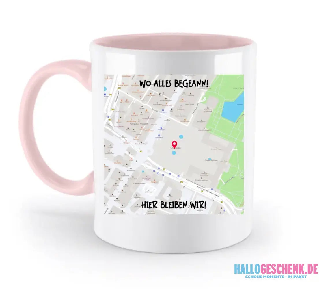 Karten-Generator Quadrat mit echtem Ort und deinem Text • zweifarbige Tasse • Exklusivdesign • personalisiert