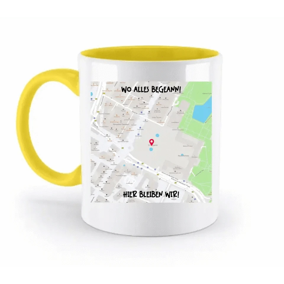 Karten-Generator Quadrat mit echtem Ort und deinem Text • zweifarbige Tasse • Exklusivdesign • personalisiert