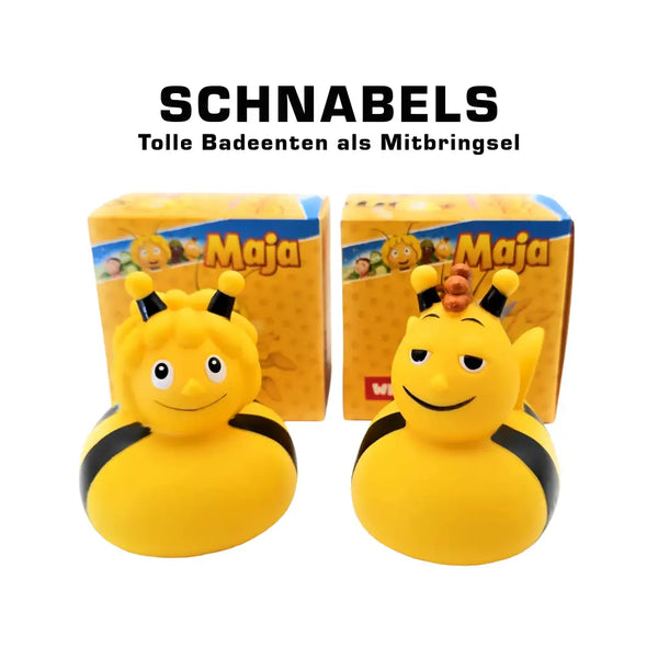 Gelbe Gummiente-Bade-Spielzeuge mit schwarzen Streifen und cartoonartigen Gesichtern, mit der Figur Maja von der Marke „maja“.