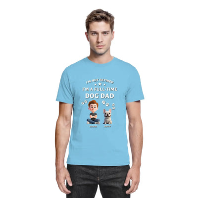 Hellblaues baumwollshirt mit cartoon boy und französische bulldogge plus text ich bin kein rentner sondern vollzeit hundepapa aus der statement collection