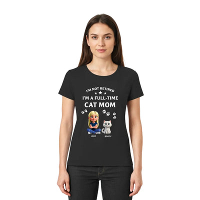 Schwarzes kurzarmshirt mit weißem text und cartoon frau mit katze personalisiert mit namen jane und bonny