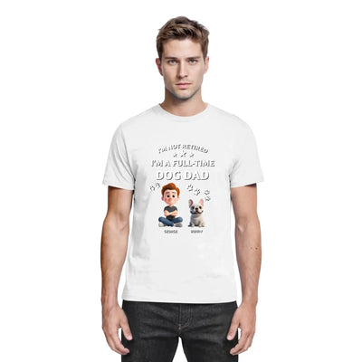 Weißes baumwoll t shirt mit cartoon boy und französischer bulldogge und text ich bin kein ruheständler sondern vollzeit hundepapa