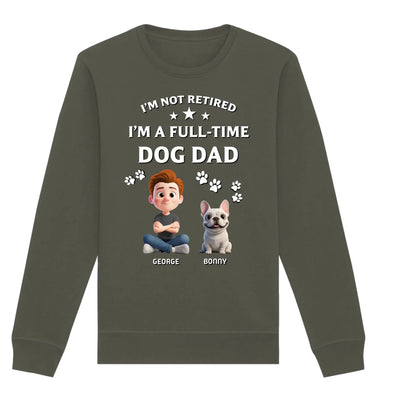 Olivgrüner langarm-sweatshirt mit cartoon-boy und französischer bulldogge plus text und personalisierten namen