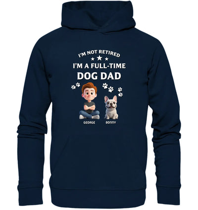 Navyblauer kapuzenpullover mit weißem statement und cartoonfiguren george und französische bulldogge bonny aus der katzenmama katzenpapa kollektion