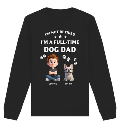 Schwarzes langarmshirt mit cartoon mann und französische bulldogge und text ich bin vollzeit hundepapa mit personalisierten namen