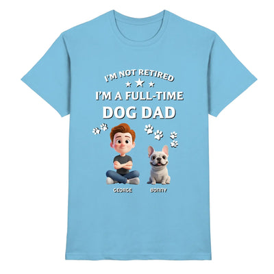 Hellblaues baumwoll t shirt mit cartoon mann und französischer bulldogge persönlicher text katzen mama papa sammlung