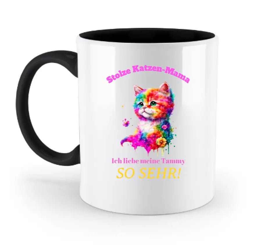 "Katzenmotive", personalisierbar - aus unserer "MIX-IT!"-Kollektion - zweifarbige Tasse 330ml mit farbigem Henkel und farbigem Innendruck (personalisiert) - HalloGeschenk.de #geschenkideen# #personalisiert# #geschenk#