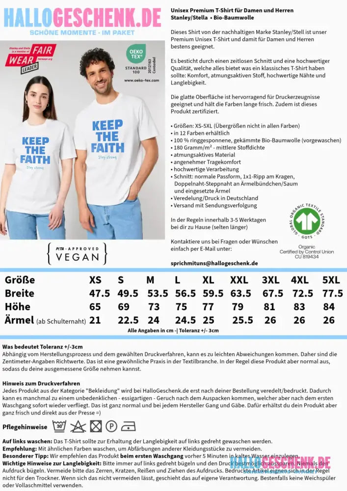 Keep the Faith • Farbwahl + Wunschtext • Unisex Premium T-Shirt XS-5XL aus Bio-Baumwolle für Damen & Herren • Exklusivdesign • personalisiert