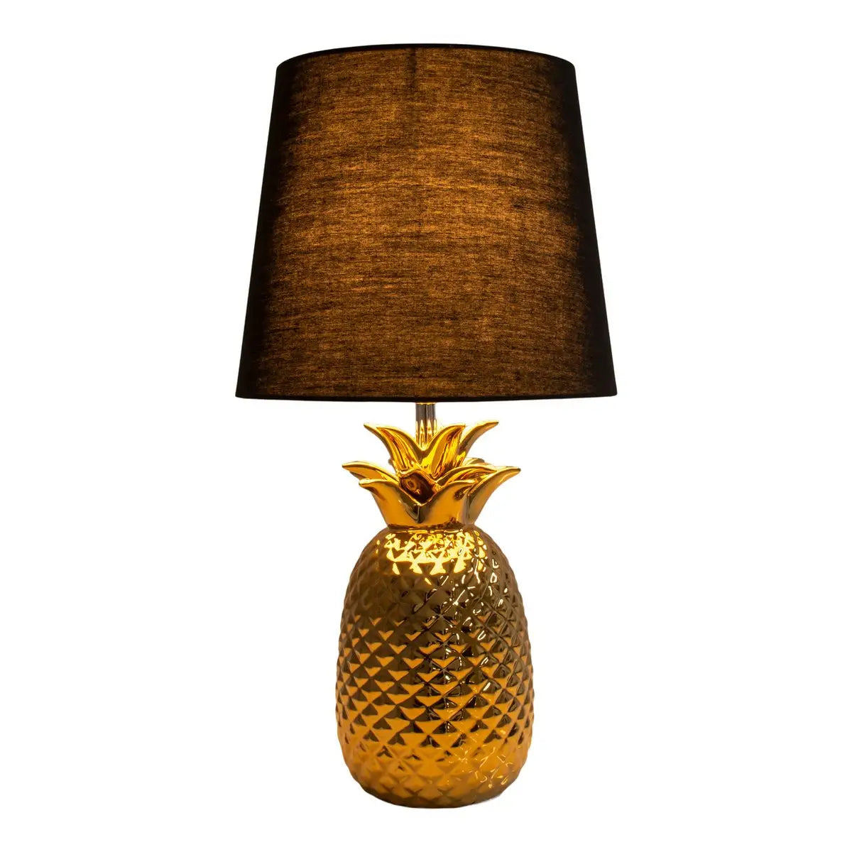 Keramik-Tischleuchte "ANANAS", Tischlampe aus Keramik mit goldfarbener Glasur und schwarzem Stoffschirm, mit E14-Fassung, für Esszimmer, Wohnzimmer, Diele oder Büro, Tischleuchte 45 cm hoch