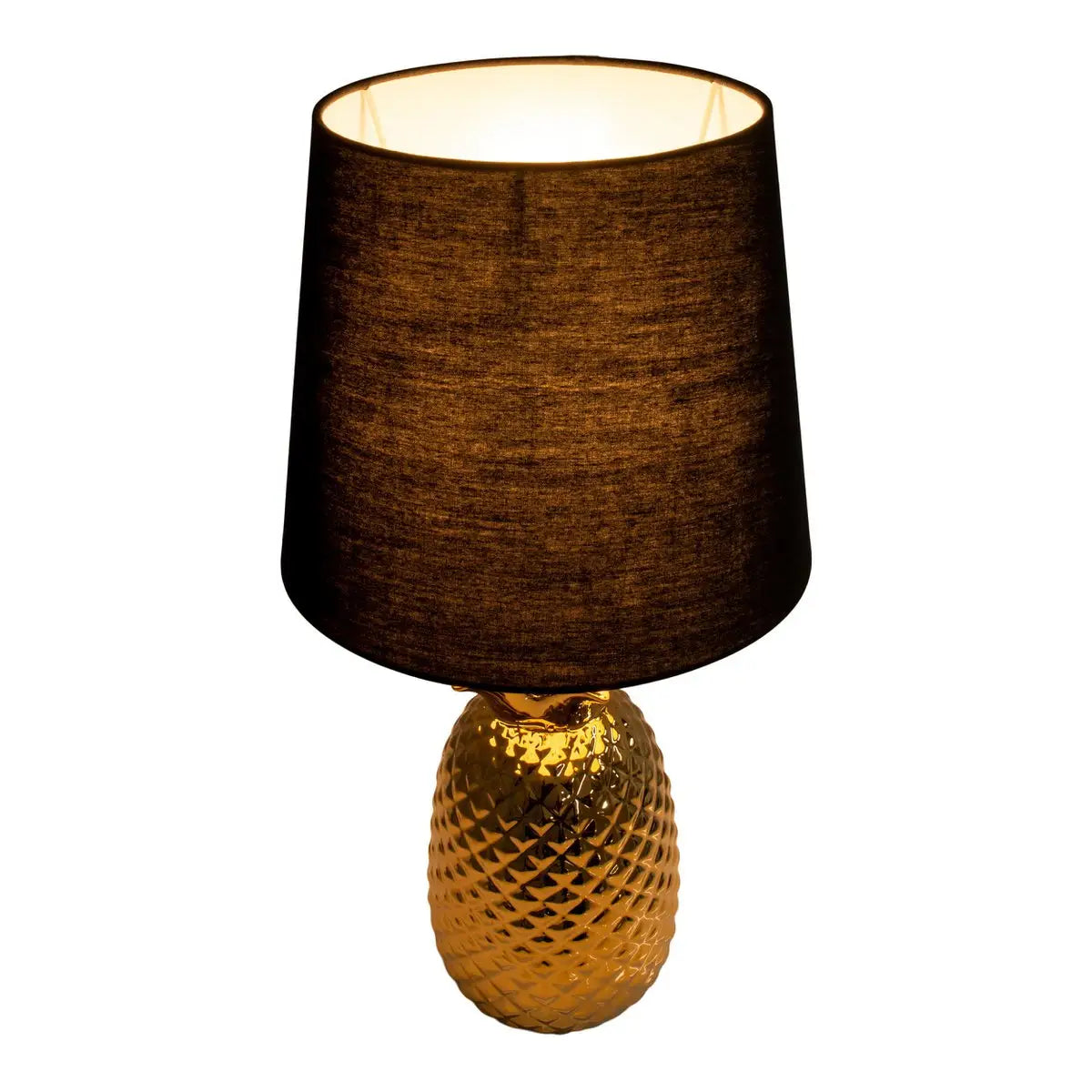 Keramik-Tischleuchte "ANANAS", Tischlampe aus Keramik mit goldfarbener Glasur und schwarzem Stoffschirm, mit E14-Fassung, für Esszimmer, Wohnzimmer, Diele oder Büro, Tischleuchte 45 cm hoch