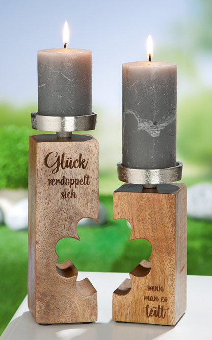 Kerzenleuchter: „Glück“ • Mangoholz • Natur / Silber • 23×13,5×7 cm • Gilde - Kerzen & Co.