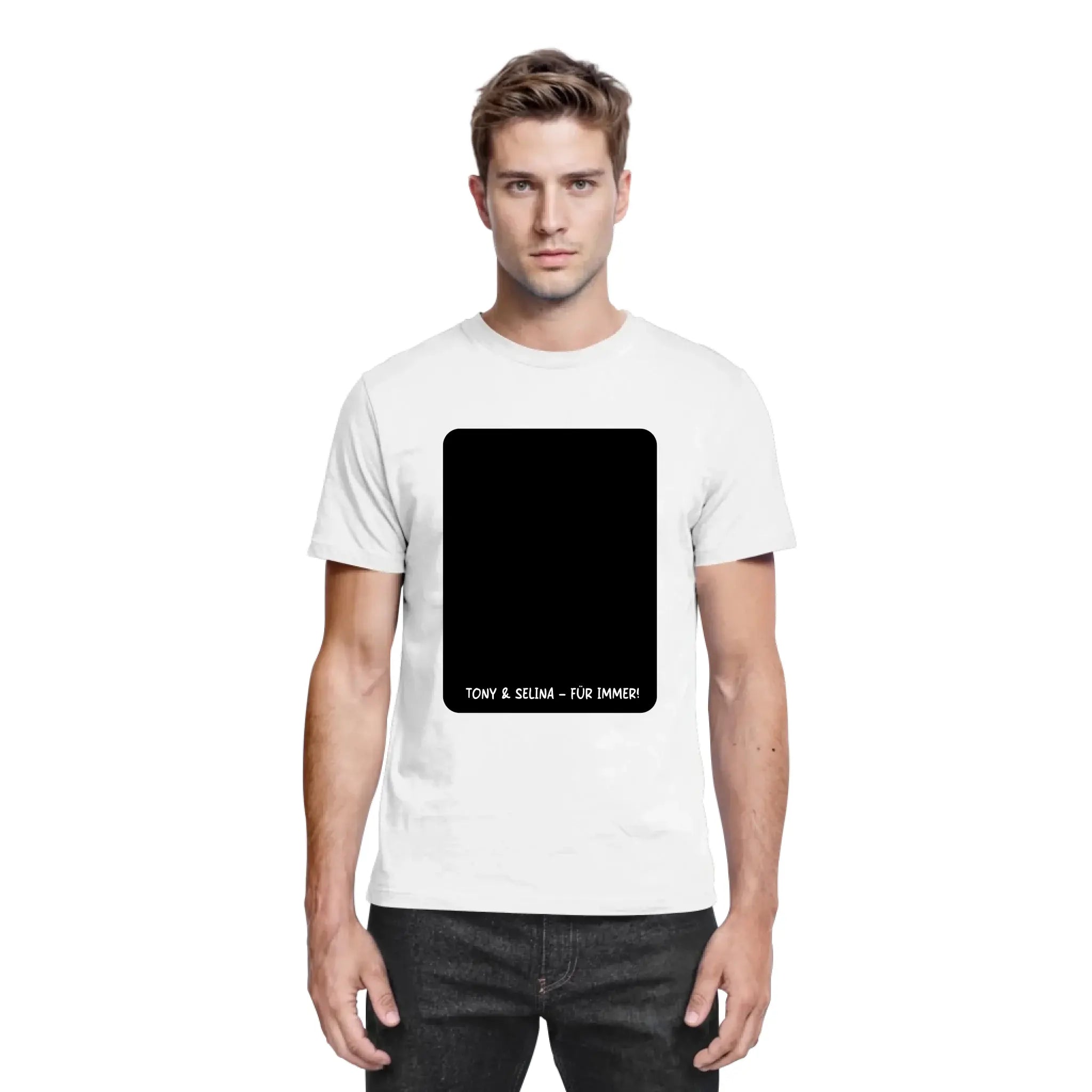 Weißes baumwoll t-shirt mit schwarzem rechteckigem grafikfeld und tony & selina für immer text aus der statement collection