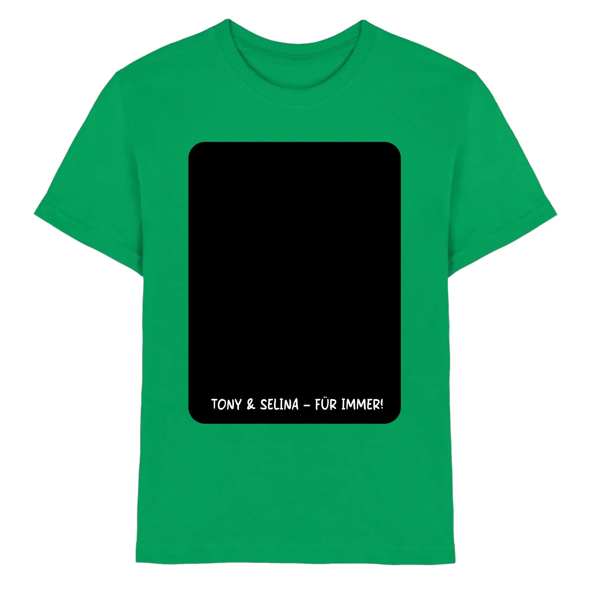 Hellgrünes baumwoll-tshirt mit schwarzem rechteckigem patch und weißem text tony & selina für immer aus der statement-collection