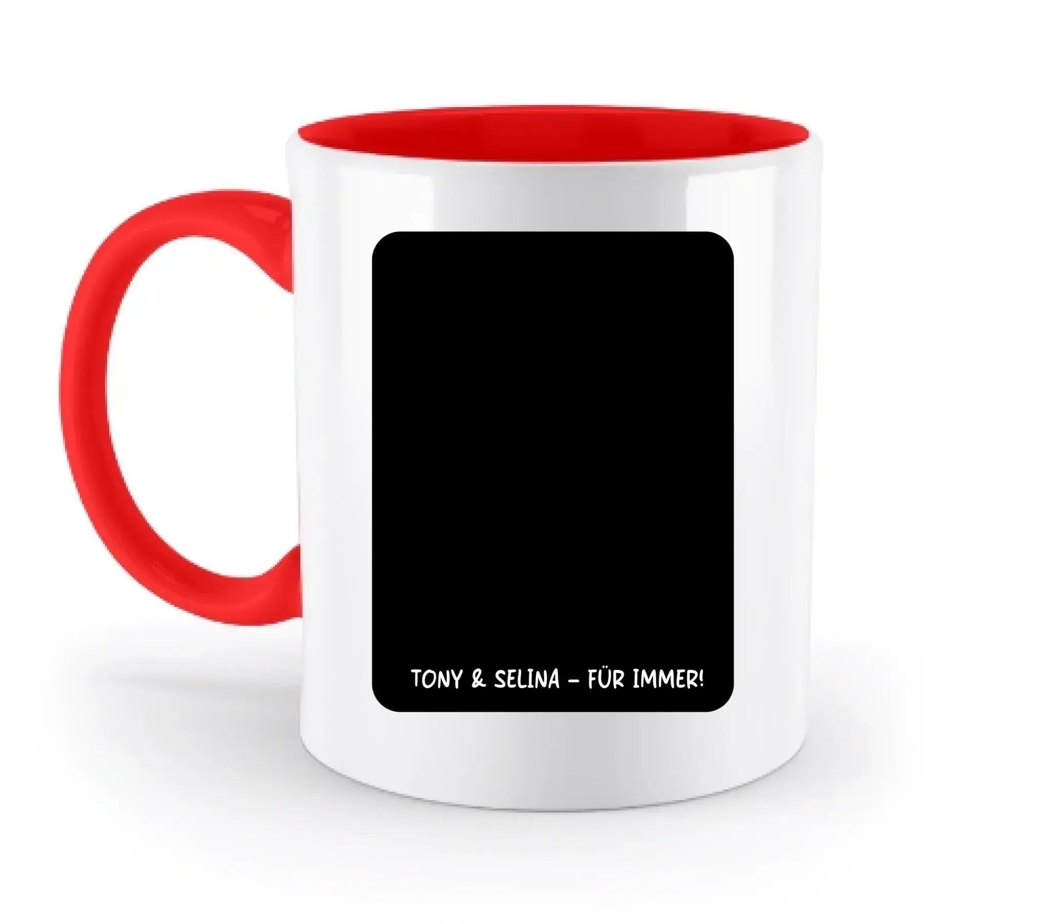 Weiße keramiktasse mit rotem griff und innerem und schwarzem rechteck für personalisierung aus der statement collection