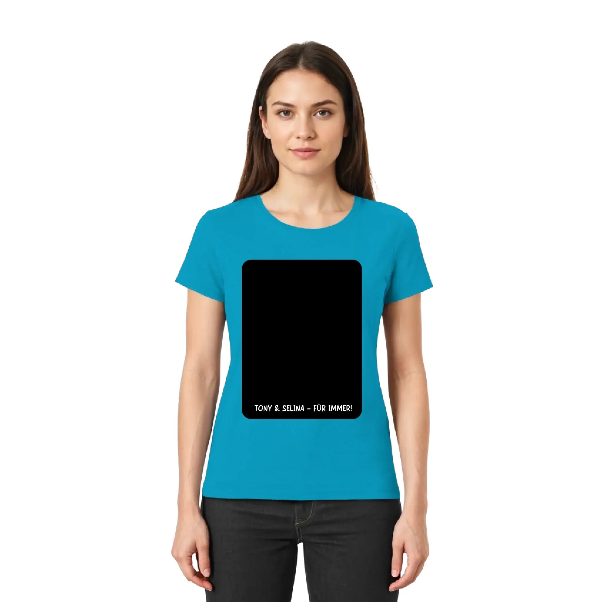 Tealfarbenes damen t-shirt mit schwarzweißem tony & selina für immer schriftzug aus der statement collection
