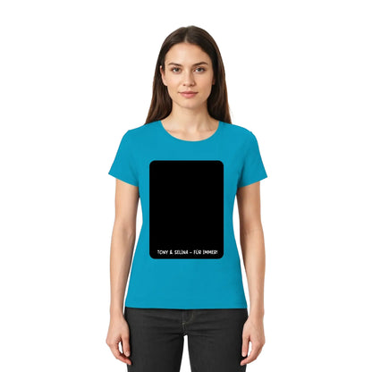 Tealfarbenes damen t-shirt mit schwarzweißem tony & selina für immer schriftzug aus der statement collection