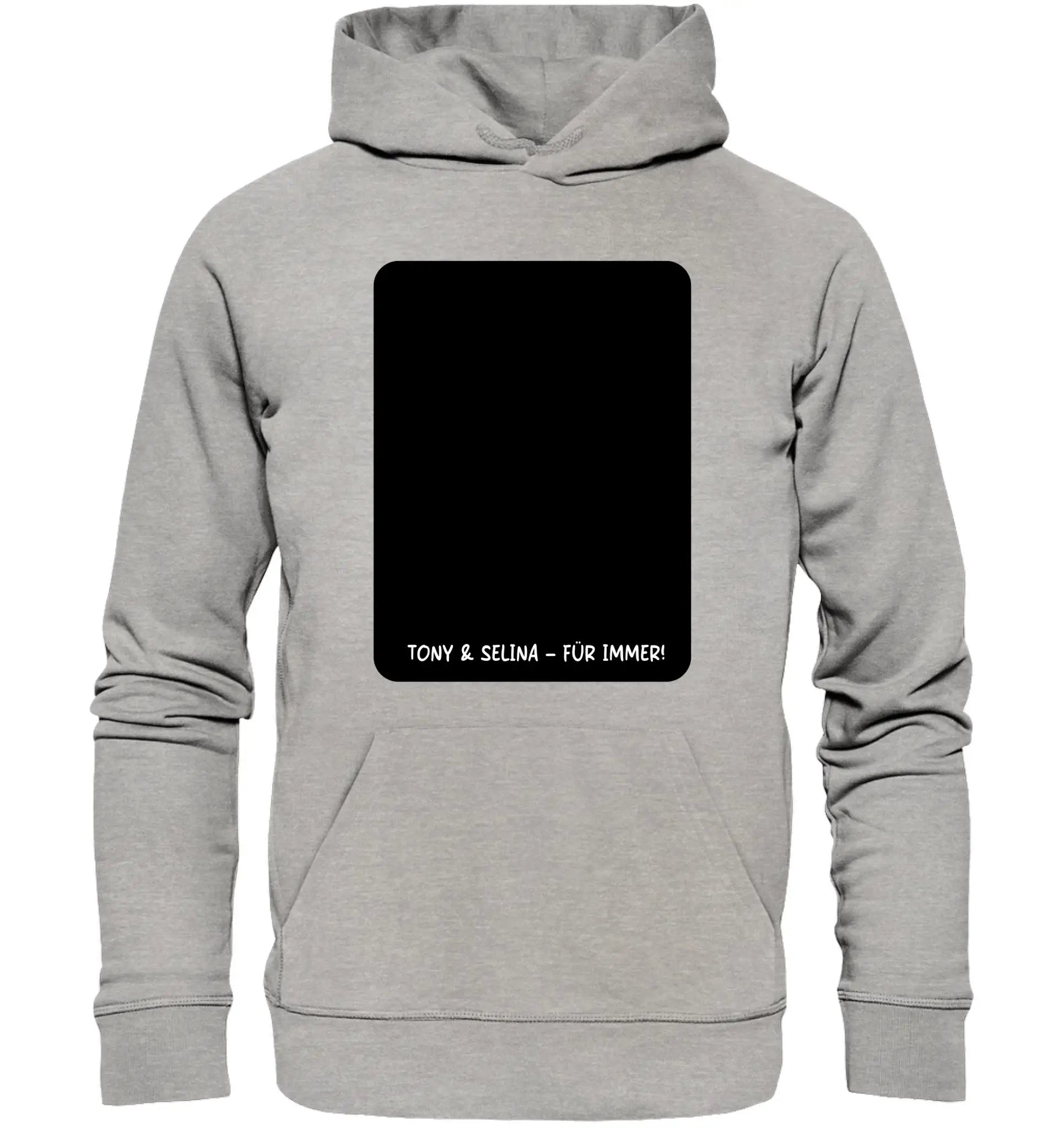 Heathergrauer kapuzenpullover mit schwarzem rechteckigem patch und weißem text aus der statement collection
