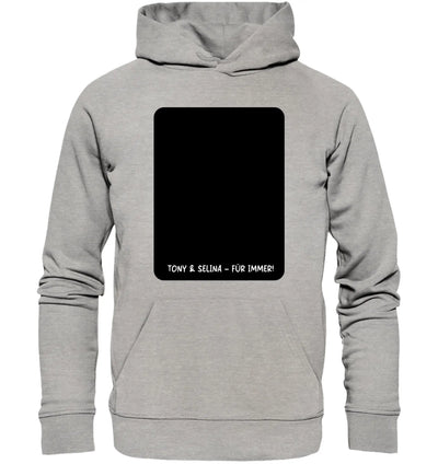 Heathergrauer kapuzenpullover mit schwarzem rechteckigem patch und weißem text aus der statement collection