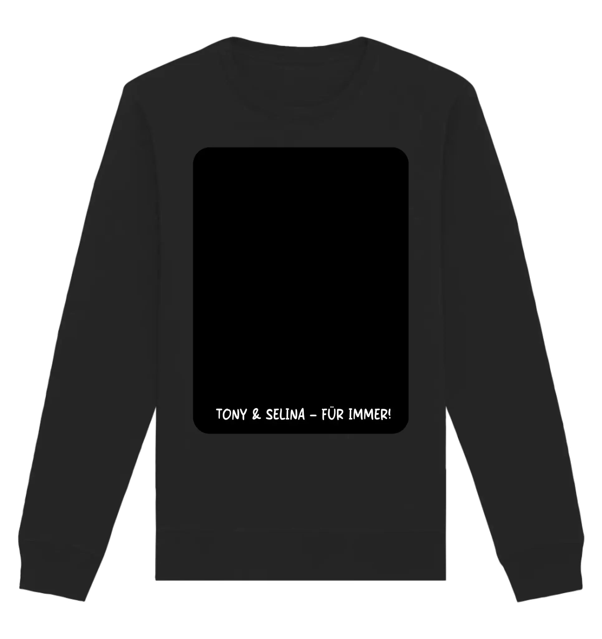 Schwarzer sweatshirt mit rechteckigem schwarzem patch hinten und weißem tony selina für immer text
